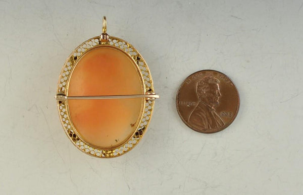 Antique 10K Yellow Gold Filigree Carved Cameo Pin Brooch Pendant