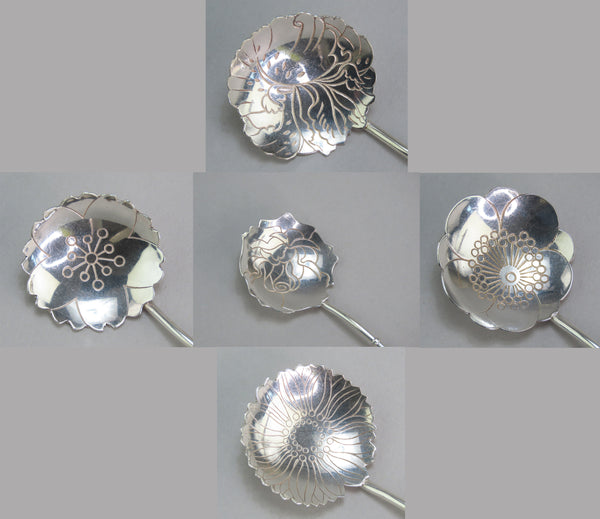 Cute Set 6 VTG Japanese Sterling Silver Floral Souvenir Theme Demitasse Spoons