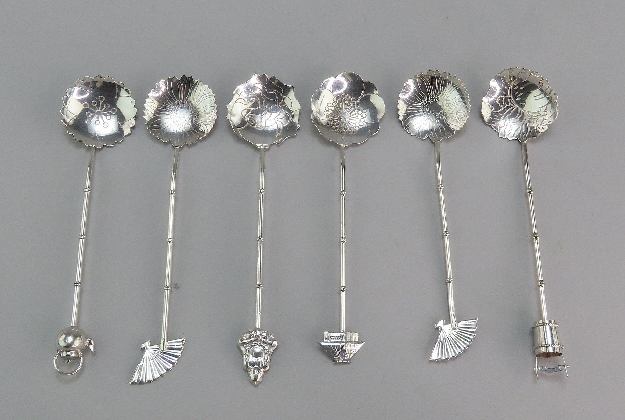 Cute Set 6 VTG Japanese Sterling Silver Floral Souvenir Theme Demitasse Spoons