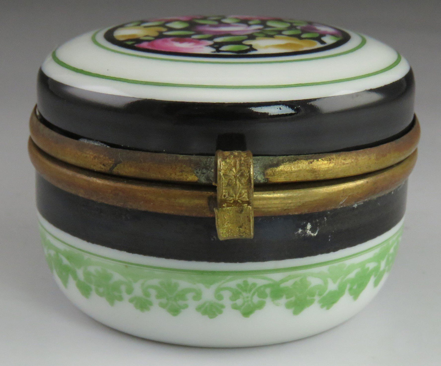 Early 1900's Antique Hand Painted Floral Porcelain and Brass Trinket Jewelry Box
