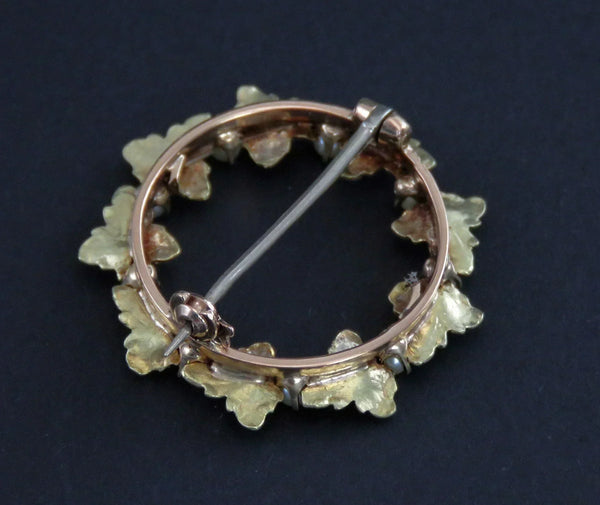 Antique Victorian 18K Yellow Gold and Natural Pearl Wreath Pin