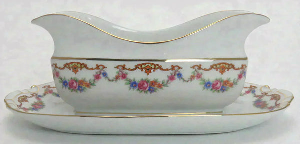Czech Epiag Floral Double Spout Gravy Boat w Underplate & Oval Serving Dish 9561