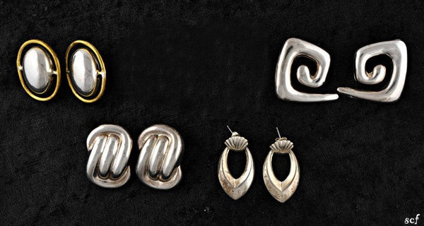 4 Pairs of Sterling Silver Earrings Mexico Design Pierced and Clip-On