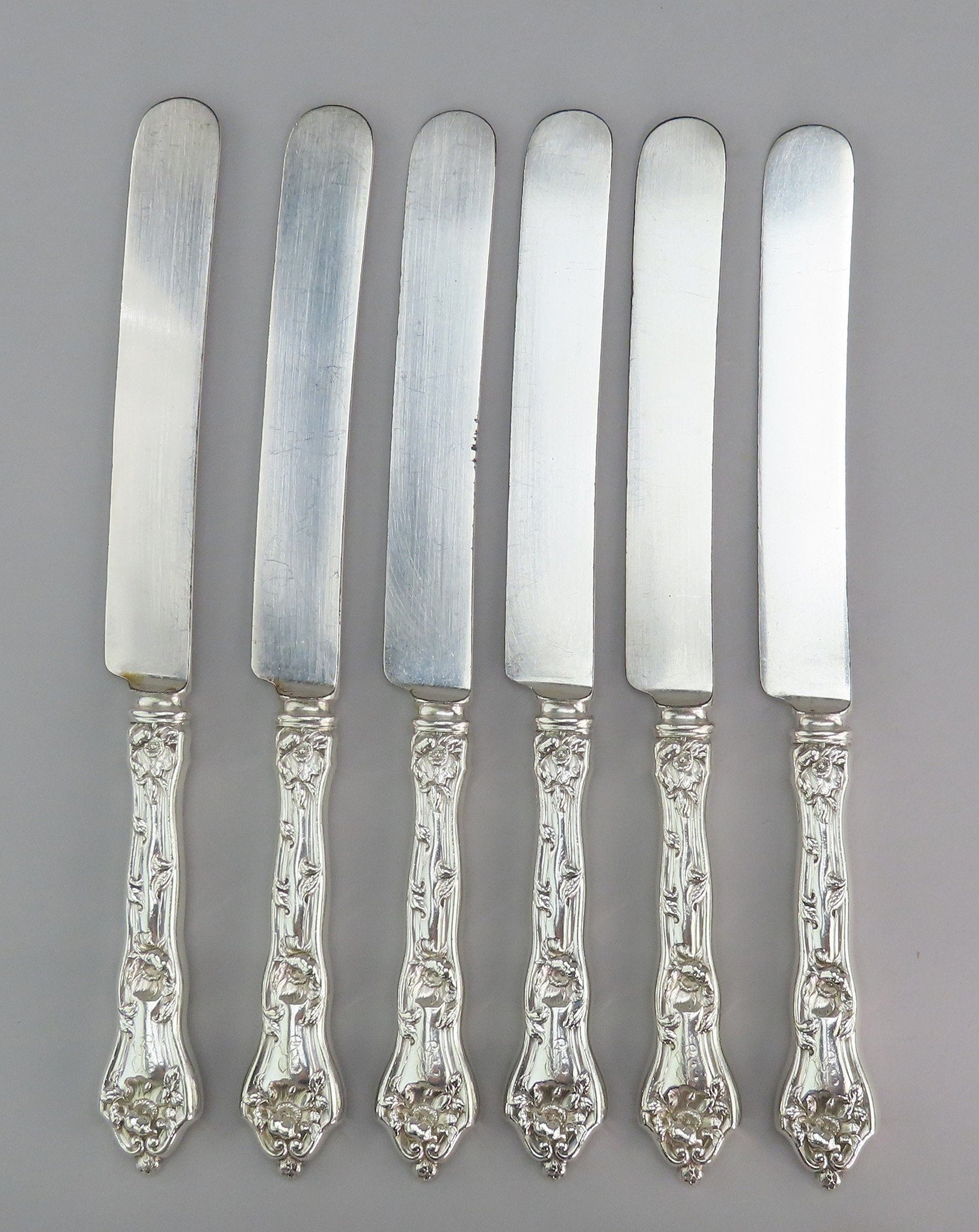 6 Reed Barton Intaglio Art Nouveau Sterling Silver Dinner Knives R Mono 9 1/2"