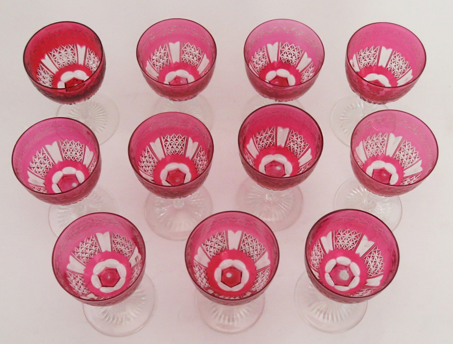 11 Antique c1870 Superb Quality Wheel Cut Ruby Red Wine Glasses