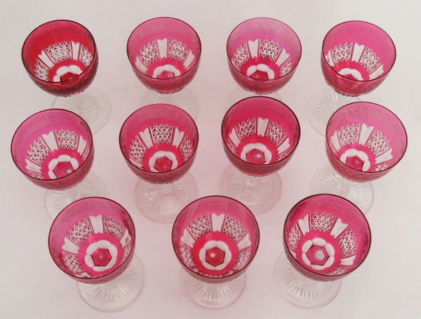 11 Antique c1870 Superb Quality Wheel Cut Ruby Red Wine Glasses