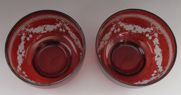 Beautiful Pair Antique Mid 1800s Bohemian Red Ruby Cut Glass Dessert Bowls (1/6)