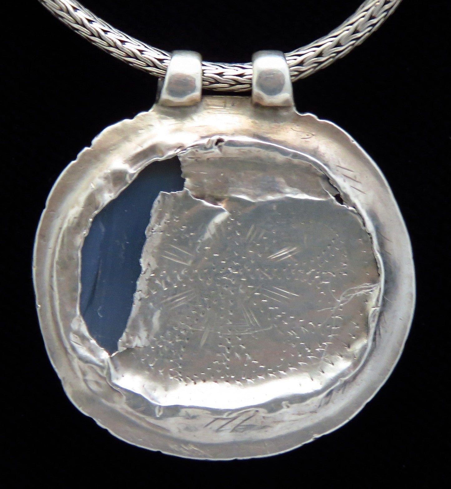 1700's-Mid 1800's Persian Silver Hand Engraved Chalcedony Aqiq Pendant Necklace
