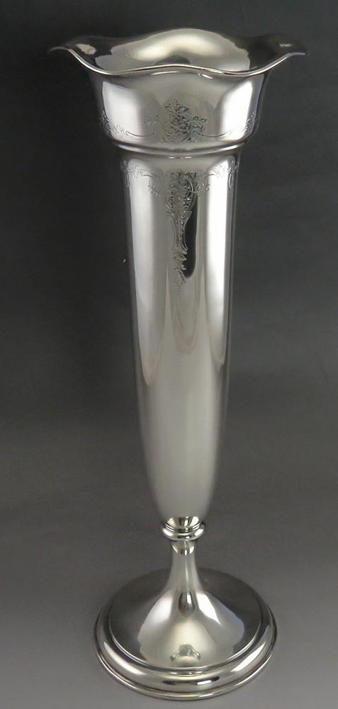 Antique Large Sterling Silver International Hand Engraved Trumpet Vase