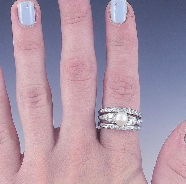 Stunning 18K White Gold .85ct Diamond & Pearl Ring Sz 10 1/4