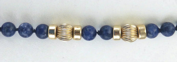 Long 14K Yellow Gold & Sodalite Stone Bead Strand Necklace