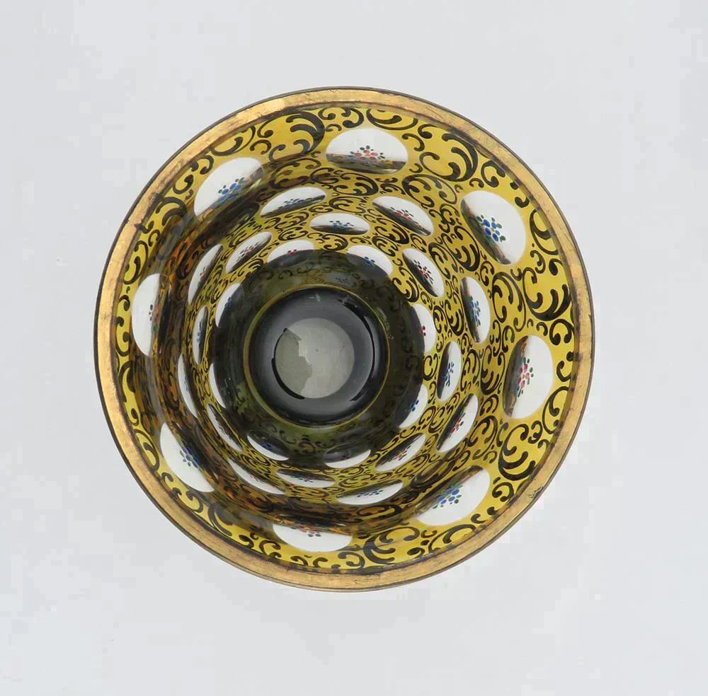 Early 1900s Czech Yellow Amber Cut to Clear Thousand Eye Handpainted Floral Vase