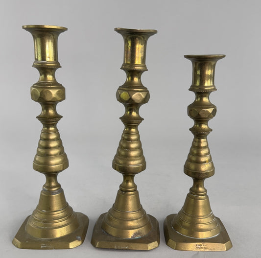 Neat Group 3 English Victorian Brass Push Up Faceted Candlestick Holders