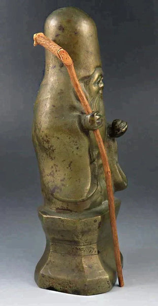 Antique Chinese Bronze Wise Man w/ Walking Stick Shou Lao God Figurine