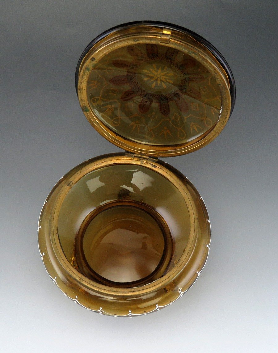 American Victorian Amber Glass Brass Impasto Enameled Dresser/Trinket/Vanity Box