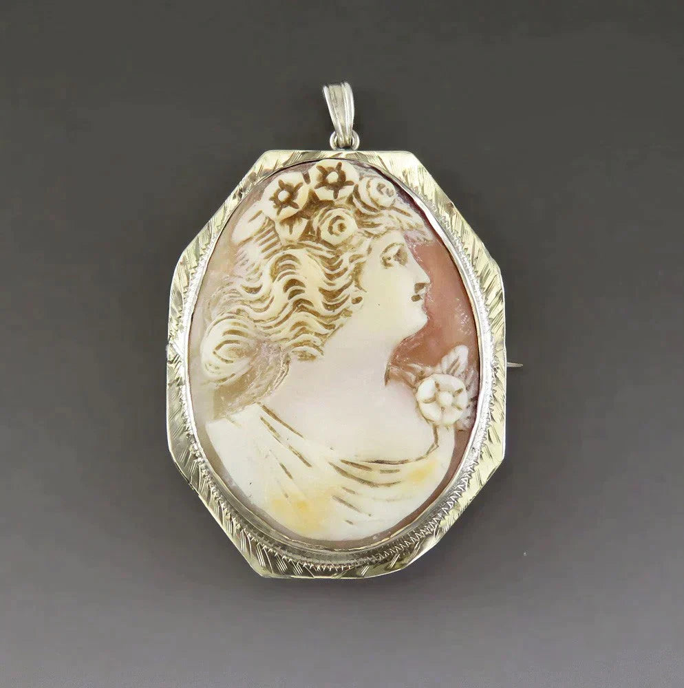 Antique c1915 14K White Gold Shell Cameo Pendant Pin or Brooch