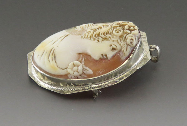 Antique c1915 14K White Gold Shell Cameo Pendant Pin or Brooch