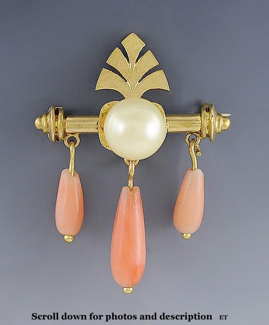 Neat 1860s-1880s Victorian Coral Dangle Pearl 14k Gold Pin Brooch