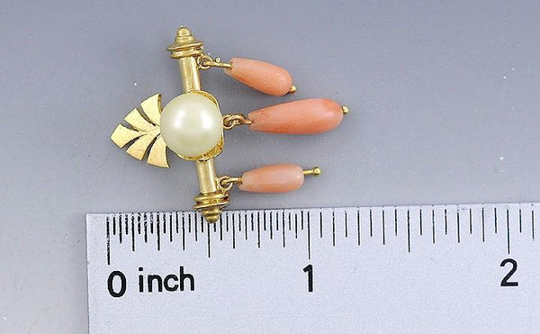 Neat 1860s-1880s Victorian Coral Dangle Pearl 14k Gold Pin Brooch