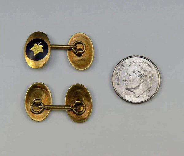 Antique c1910 18K Yellow Gold & Enamel Maple Leaf Mens Suit Cufflinks