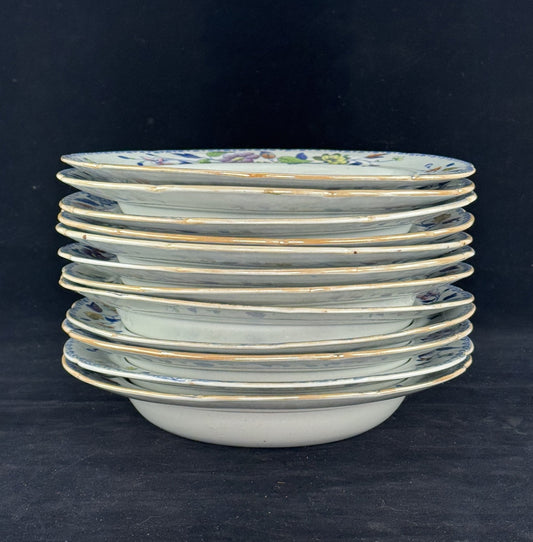 Set 12 c1815 Georgian English Davenport Flying Bird Wide Rim Soup Bowls 9.5"
