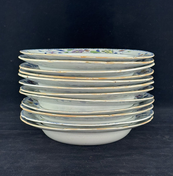 Set 12 c1815 Georgian English Davenport Flying Bird Wide Rim Soup Bowls 9.5"