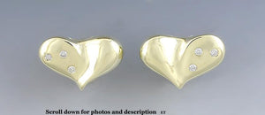 Stunning 14k Yellow Gold & Diamond Omega Back Stud Heart Earrings