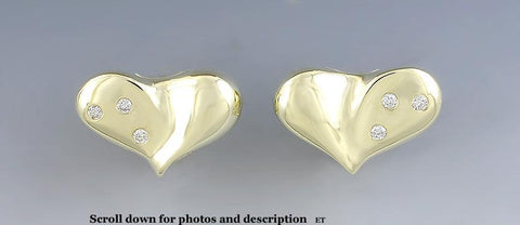 Stunning 14k Yellow Gold & Diamond Omega Back Stud Heart Earrings