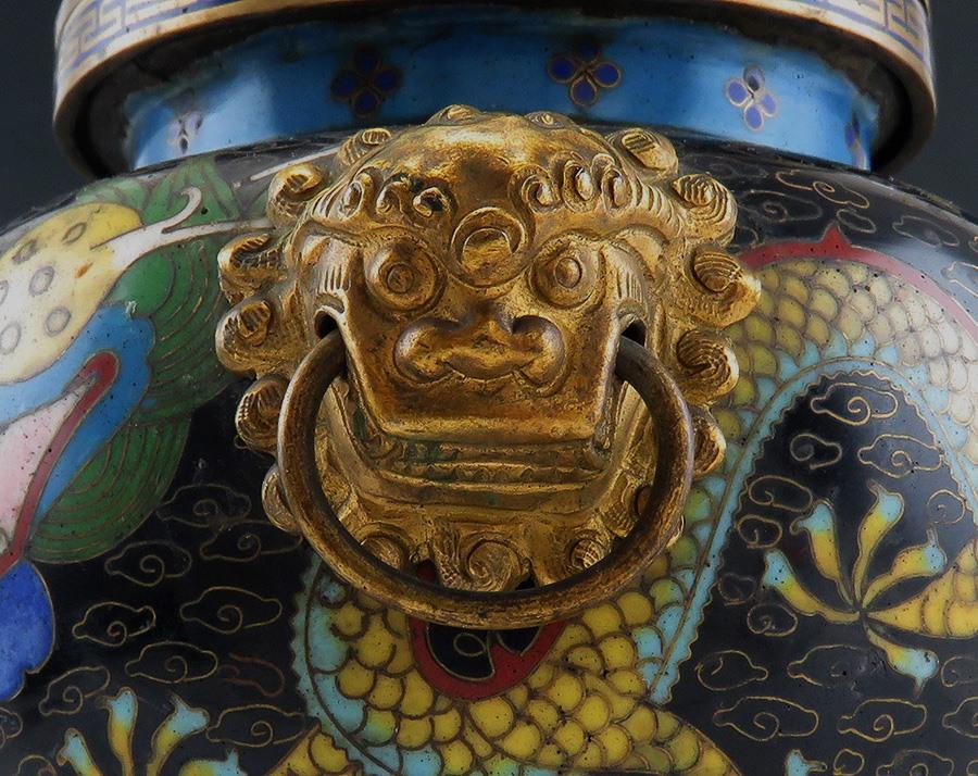 Superb c1860s Chinese/Japanese Cloisonne Dragon Lion Censer Potpourri Jar w Lid