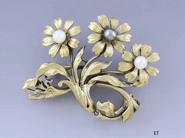 Lovely 14k Gold Pearl Art Nouveau Style Floral Pin / Brooch