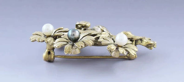 Lovely 14k Gold Pearl Art Nouveau Style Floral Pin / Brooch