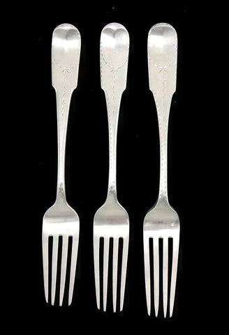 3 Antique Late 1700's Philadelphia Coin Silver Brite Cut Forks 8"