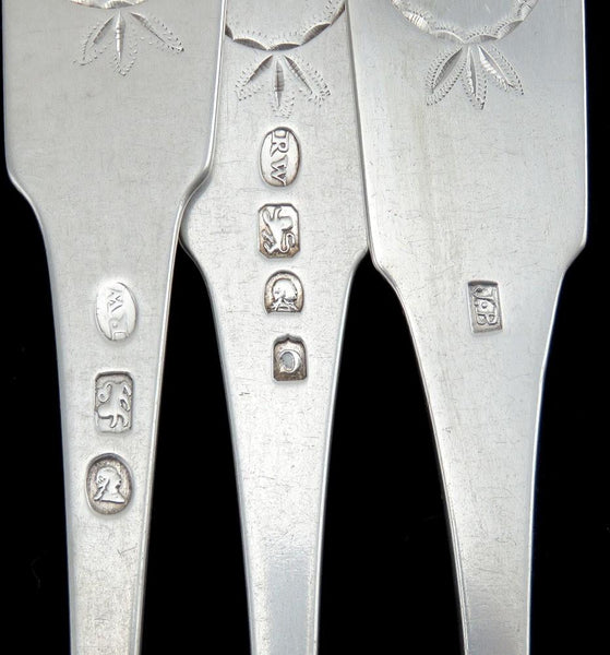 3 Antique Late 1700's Philadelphia Coin Silver Brite Cut Forks 8"