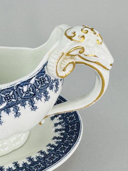 Antique Royal Worcester Gravy Boat and Under Plate w Ram's Heads 1890