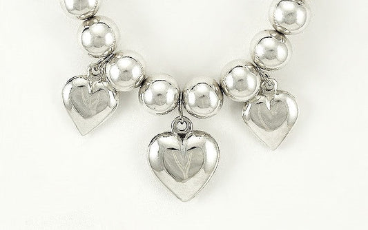 Lovely Sterling Silver Necklace w/ Round Beads and 3 Heart-Shaped Beads