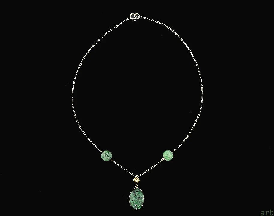 Sweet Vintage Sterling Silver/14k Gold/Green Jasper Chalcedony Necklace China