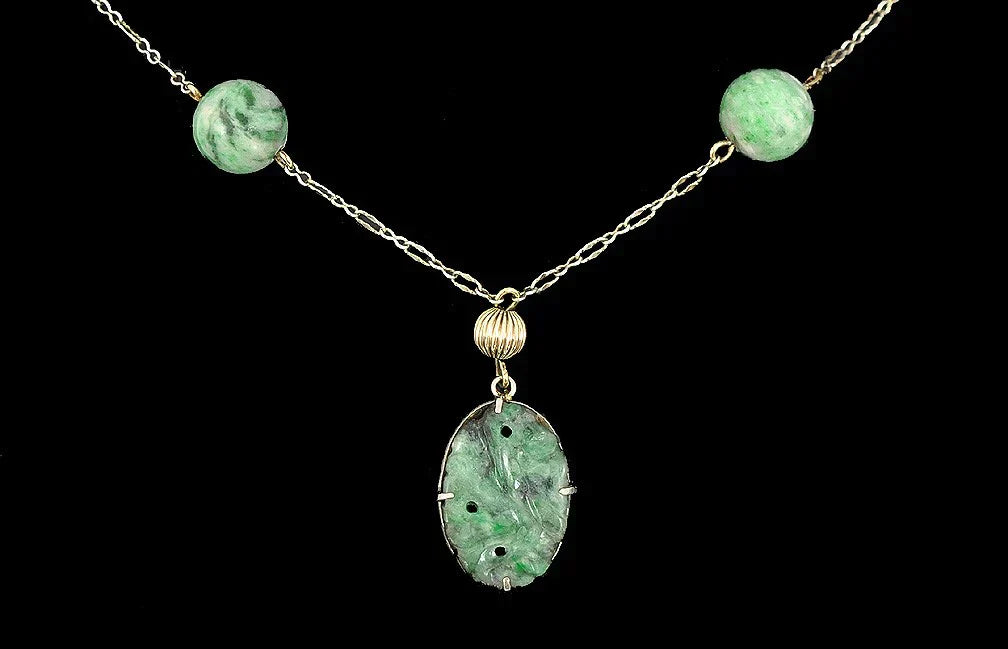 Sweet Vintage Sterling Silver/14k Gold/Green Jasper Chalcedony Necklace China