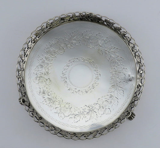 Heavy Antique 1870s Portuguese .958 Silver Acorn Leaf Rim Serving Tray 9"