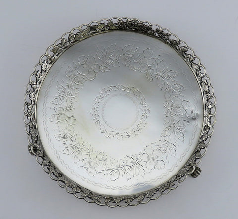 Heavy Antique 1870s Portuguese .958 Silver Acorn Leaf Rim Serving Tray 9"