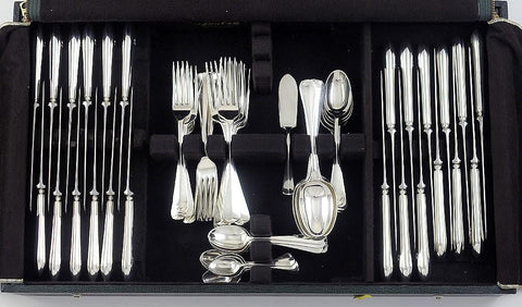 86pc English Sterling Silver Hanoverian Style Rat Tail Flatware Set