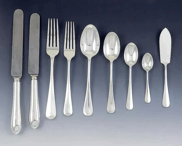 86pc English Sterling Silver Hanoverian Style Rat Tail Flatware Set