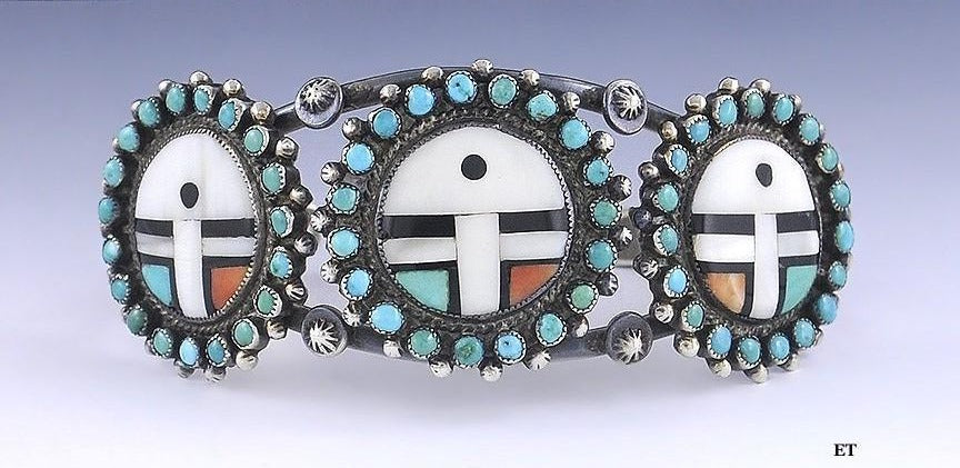 Zuni Native American Sterling Silver Turquoise Coral Inlay Sun Mask Bracelet