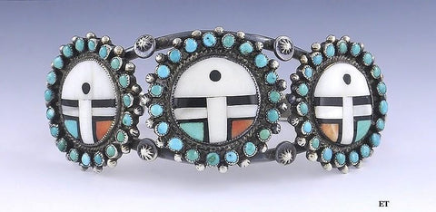 Zuni Native American Sterling Silver Turquoise Coral Inlay Sun Mask Bracelet