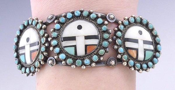 Zuni Native American Sterling Silver Turquoise Coral Inlay Sun Mask Bracelet