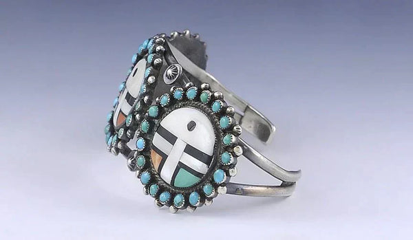 Zuni Native American Sterling Silver Turquoise Coral Inlay Sun Mask Bracelet