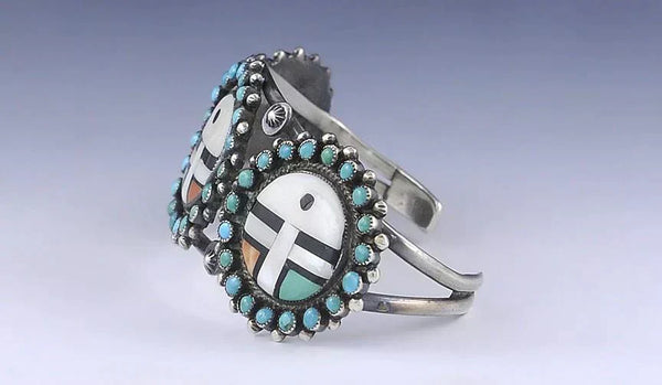 Zuni Native American Sterling Silver Turquoise Coral Inlay Sun Mask Bracelet
