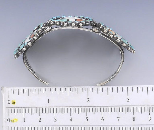 Zuni Native American Sterling Silver Turquoise Coral Inlay Sun Mask Bracelet