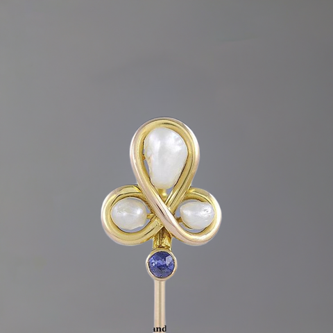 Nice Vintage c1900 14k Gold Natural Pearl & Sapphire Stickpin