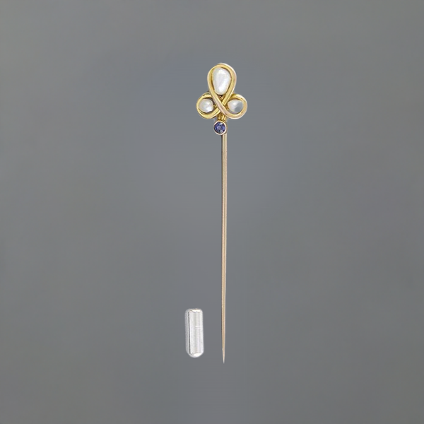 Nice Vintage c1900 14k Gold Natural Pearl & Sapphire Stickpin