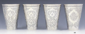 4 Antique c1920 Persian 850-900 Silver Heavy Weight Hand Engraved Beaker Cups